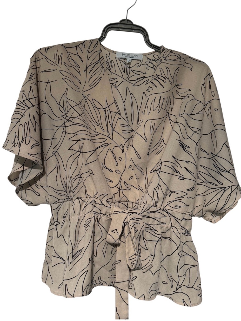 Sweet Rain Beige Botanical-Print Tie-Waist Blouse